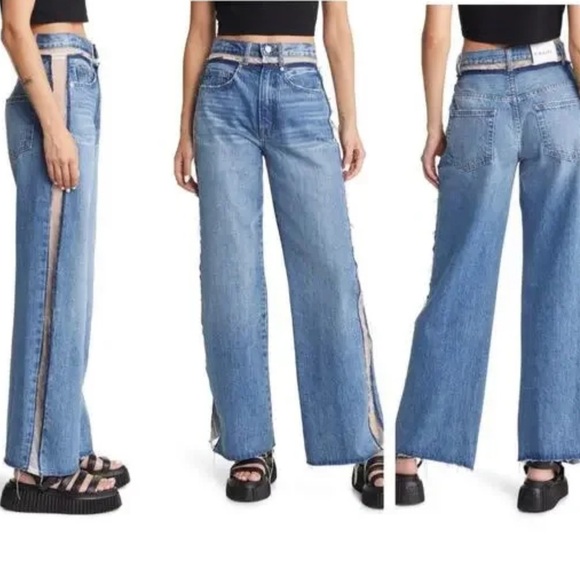 NWT FRAME Denim Atelier Sheer Insert High Waist Wide Leg Jeans Azul Size 27 - Picture 1 of 11